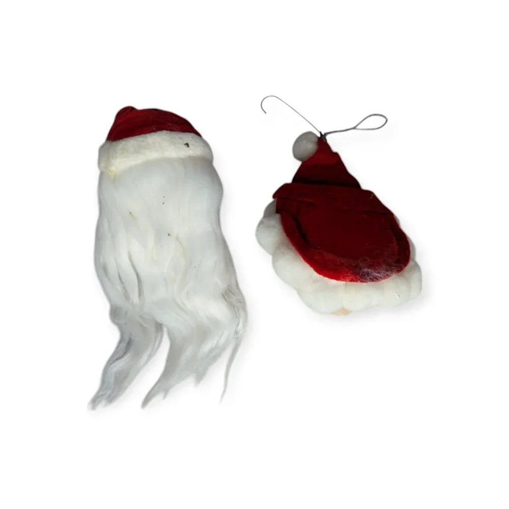 Vintage Vinyl/Hard Plastic Santa Face Ornaments with Fuzzy Beards and Hat Set 2